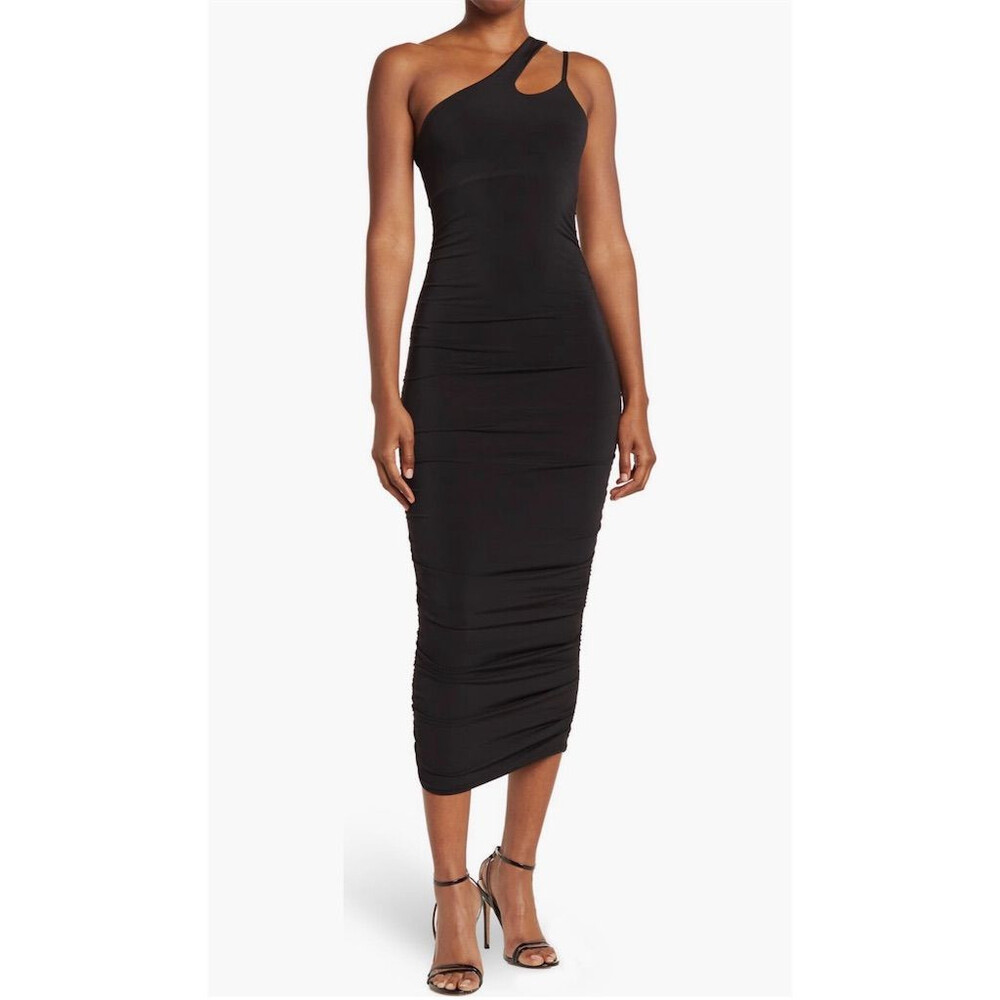 NEW The Fashion Poet The Label Black Ruched One-Shoulder Midi Dress Size M $198
